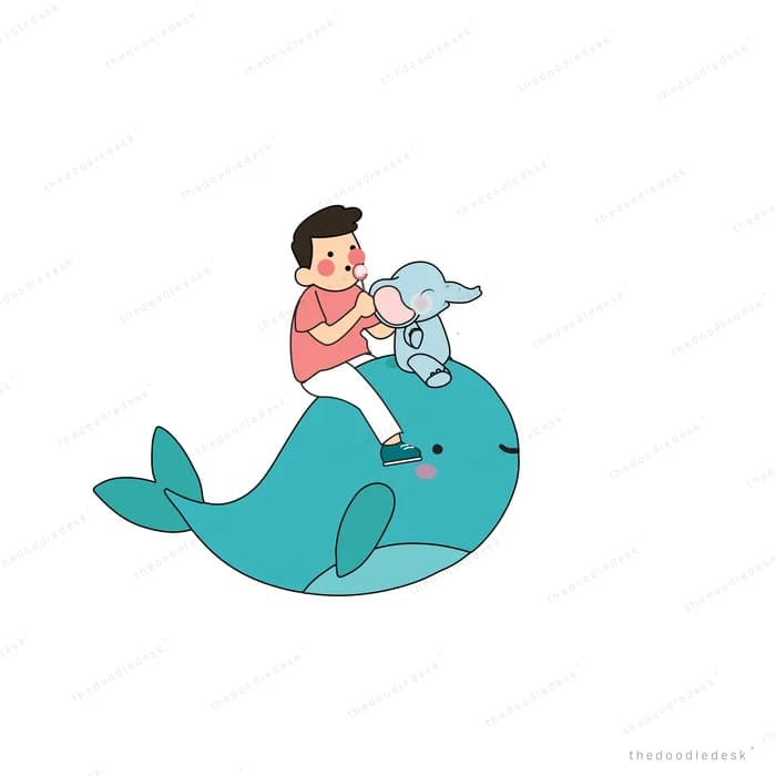 Boy sitting on a whale with a small bird