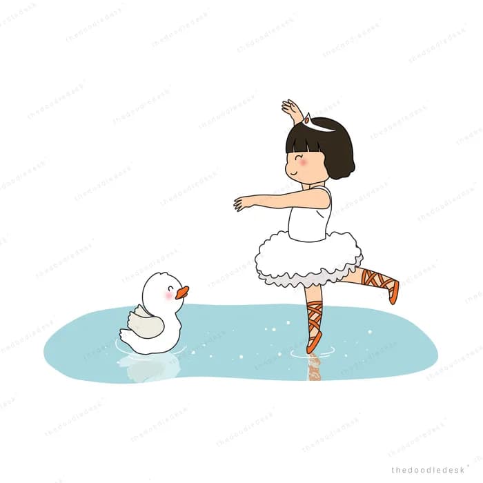 Ballerina girl on pointe beside a duck in water