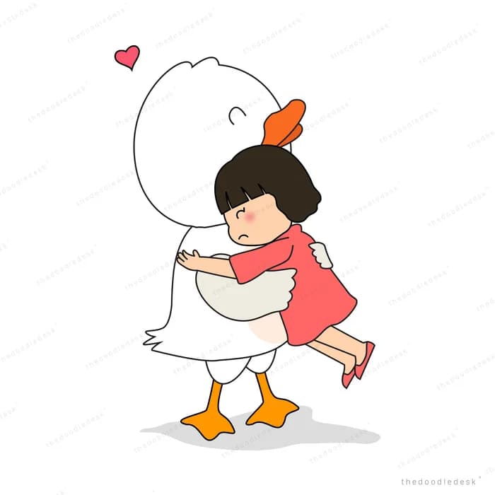 Girl hugging a large white duck