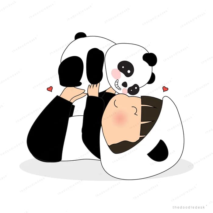 Girl hugging a large panda with hearts