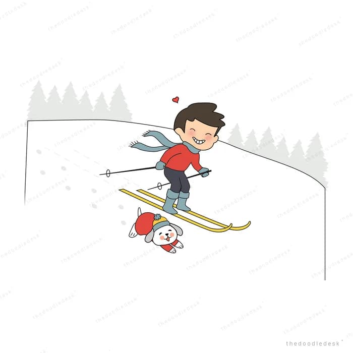 Boy skiing downhill in snow with a dog