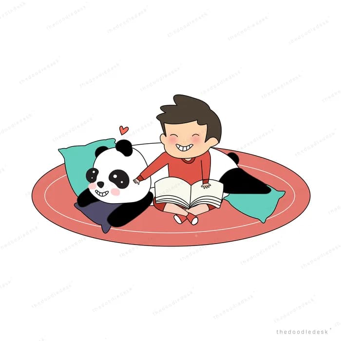 Couple reading on a red rug with a panda