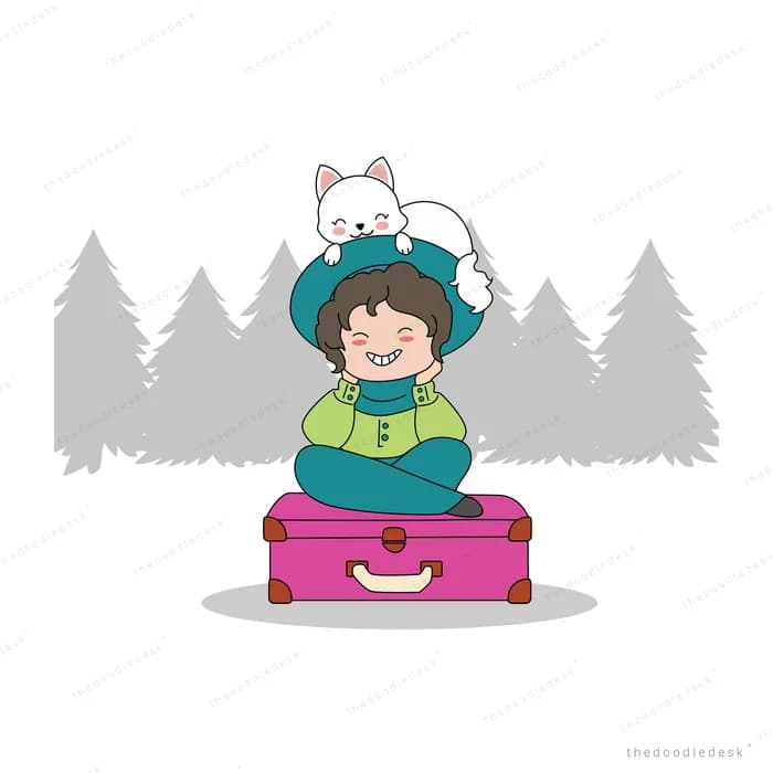 Girl on a suitcase with cats among pine trees