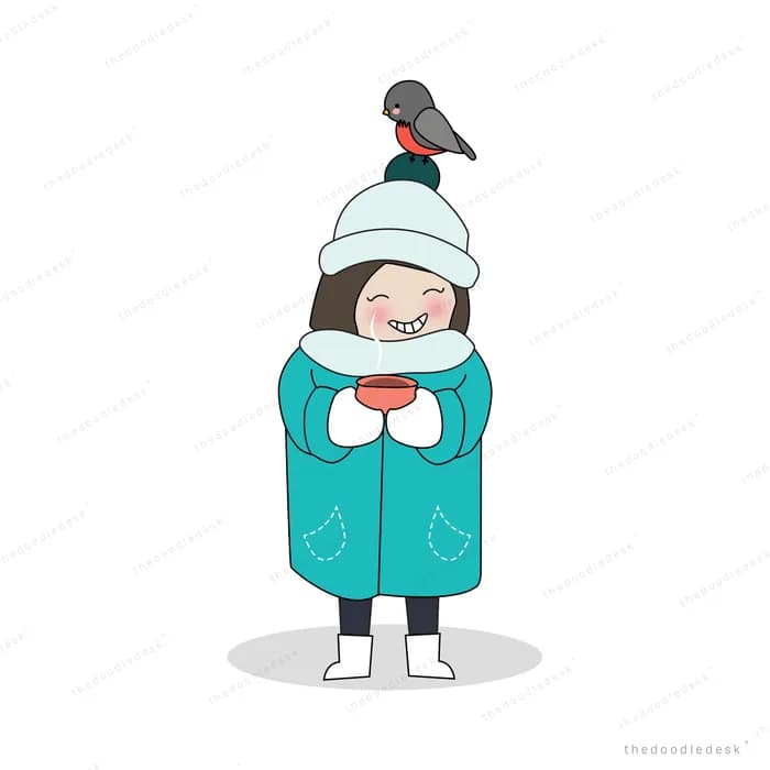 Girl in a winter coat with a bird on her hat