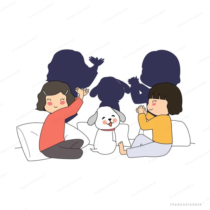 Children lying in a row with a dog on a bed
