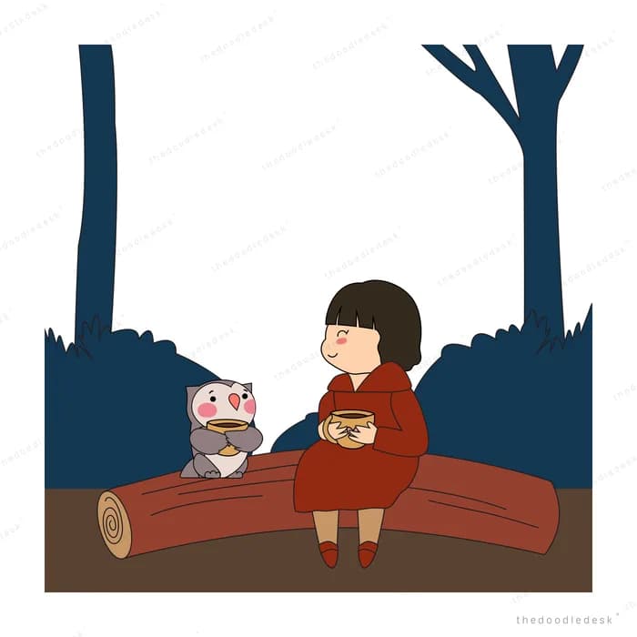 Girl with a mug on a log in a dark forest