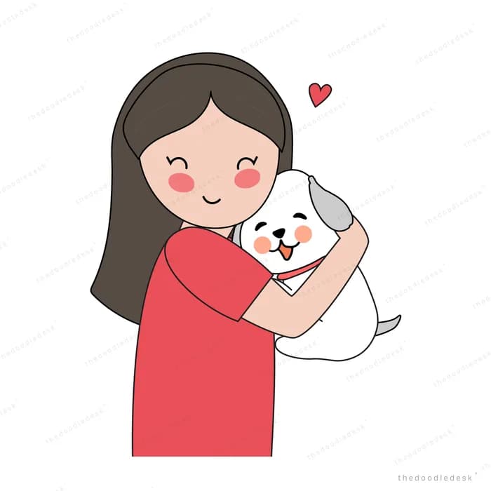 Woman in red holding her dog close with a heart