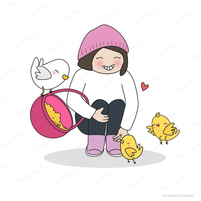 Woman in winter clothes with a bag and chicks