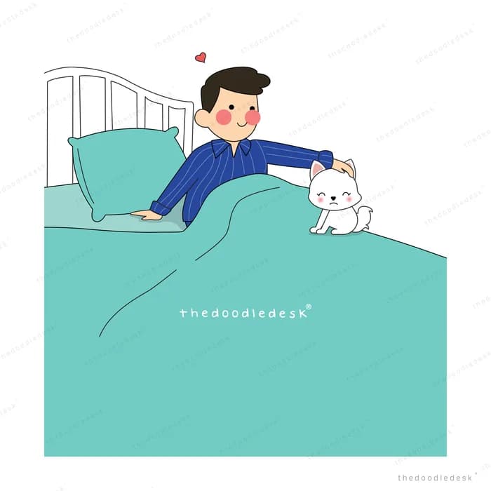 Man sitting on a teal bed with his dog