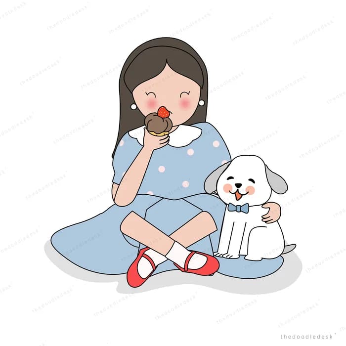 Girl eating on a cushion with her dog