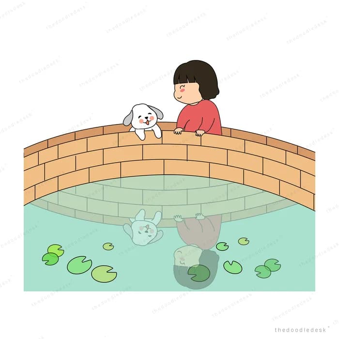 Girl and rabbits on a bridge over a pond