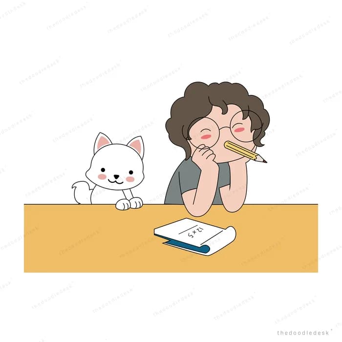 Woman writing at a yellow desk with a cat