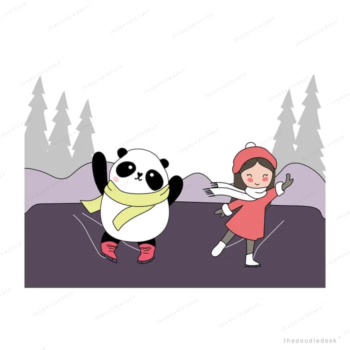 Panda in a scarf and girl in a red coat ice skating in a snowy forest