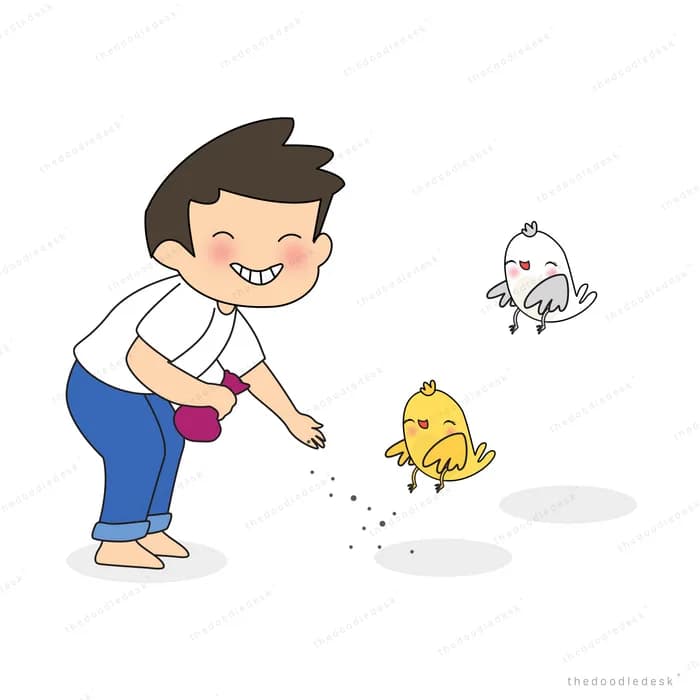 Boy bending down to scatter seed for a chick and a small bird