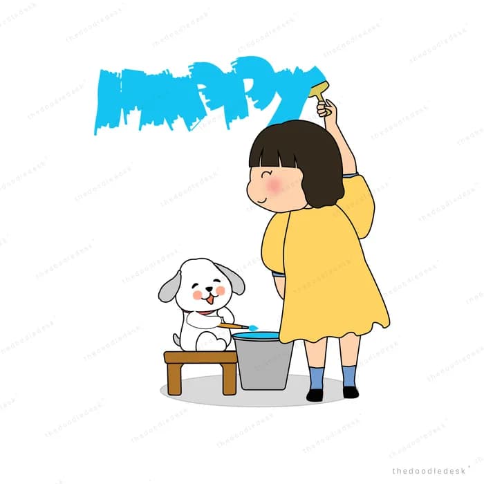 Girl painting the word happy on a wall in blue while a puppy sits by the paint bucket