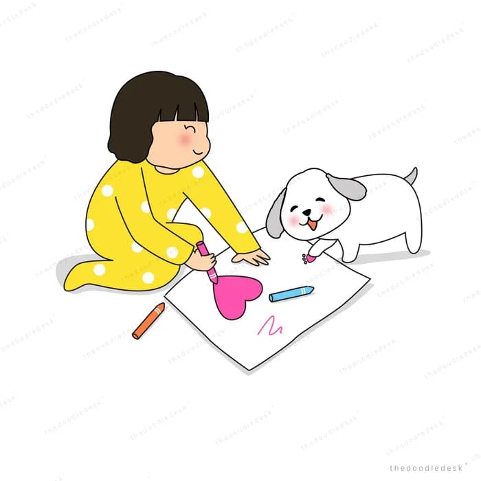 Girl in yellow pyjamas drawing a pink heart on paper while a puppy watches