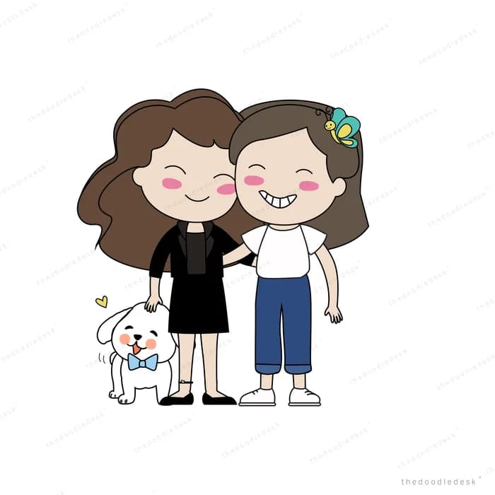 Two smiling women standing arm in arm with a small white dog at their feet