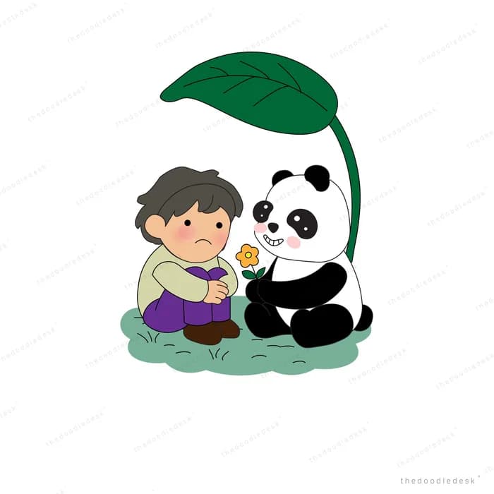 Boy and panda sheltering together under a big green leaf