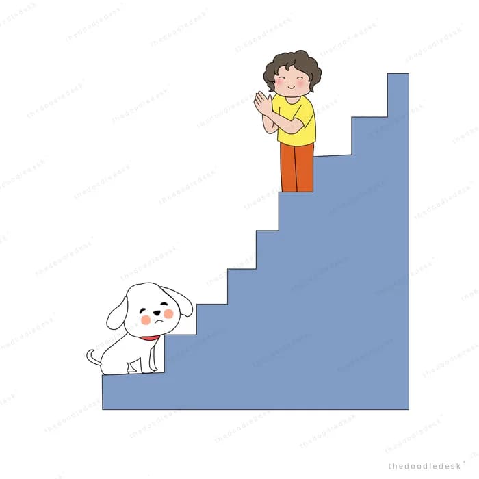 Boy standing on a blue staircase looking back at a white dog at the bottom