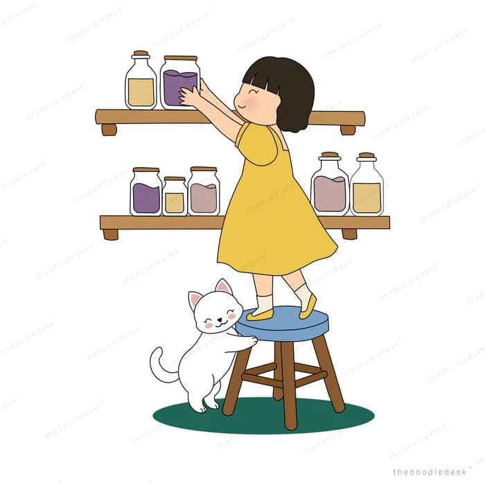 Girl on a stool stretching to reach a jar on a high shelf while a white cat watches below