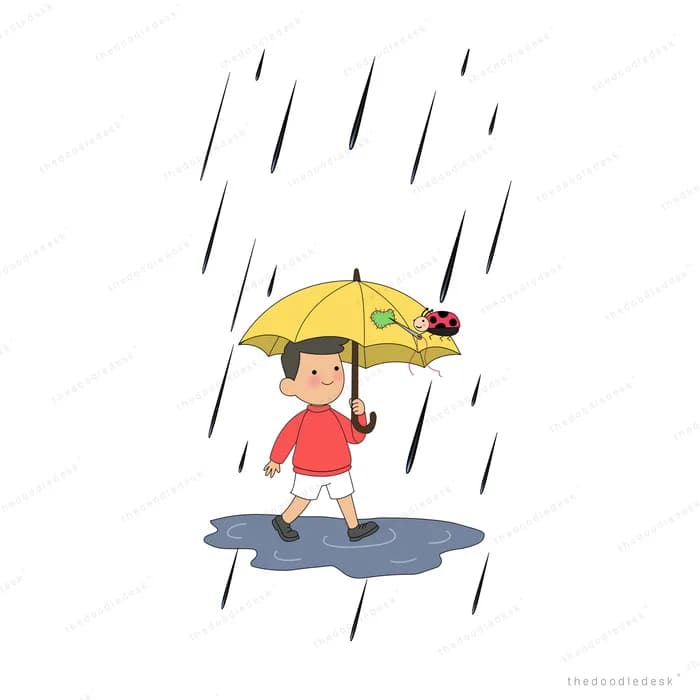 Small boy under a yellow umbrella with a ladybug on top walking through rain beside a grey cat