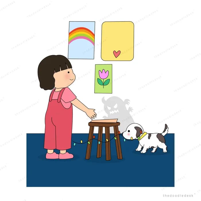 Girl beside her stool of drawings as a white dog trots up to her