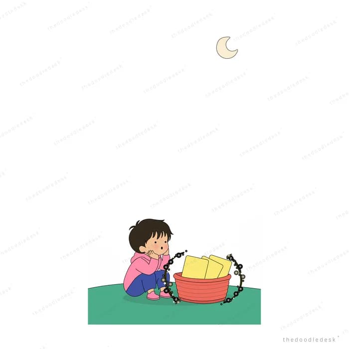 Girl at her red basin as a small white dog trots up under the moon