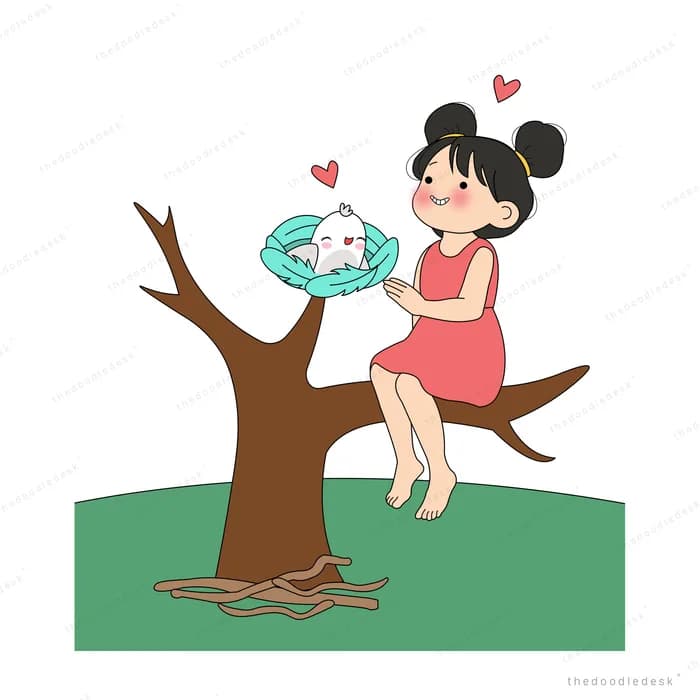 Girl in red on a branch holding a blue nest with a white bird inside