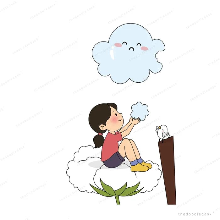 Girl on a cloud holding a small puff of cloud in her hands under a smiling cloud