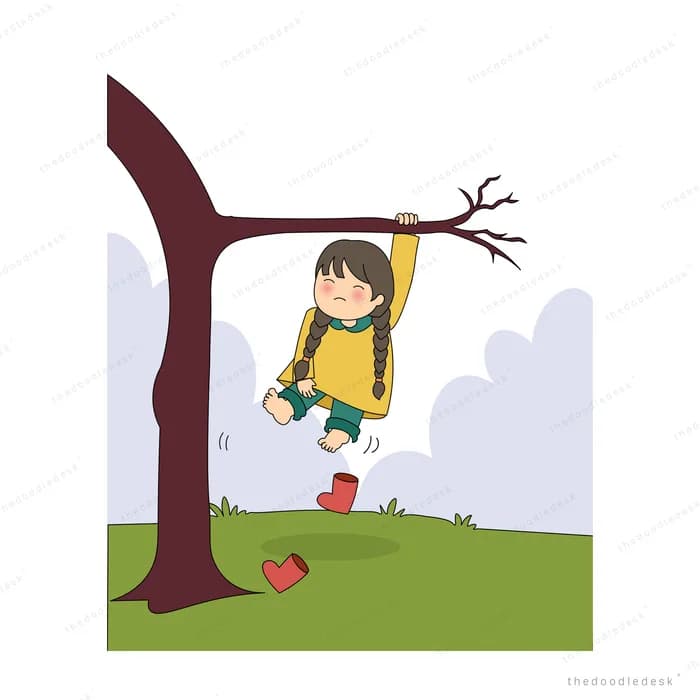 Girl on a swing under a maroon tree with a ball on the grass below