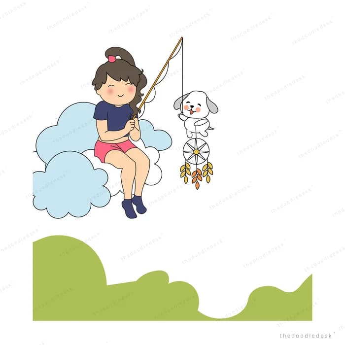 Girl on a cloud with a white dog dangling from her fishing line