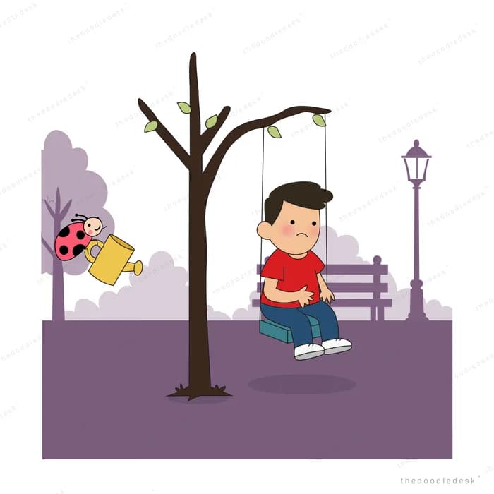 Boy on a park swing while a ladybug tips a watering can from a tree