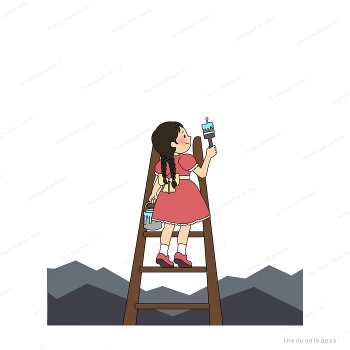Girl in a red dress on a stepladder holding a small bird above dark mountains