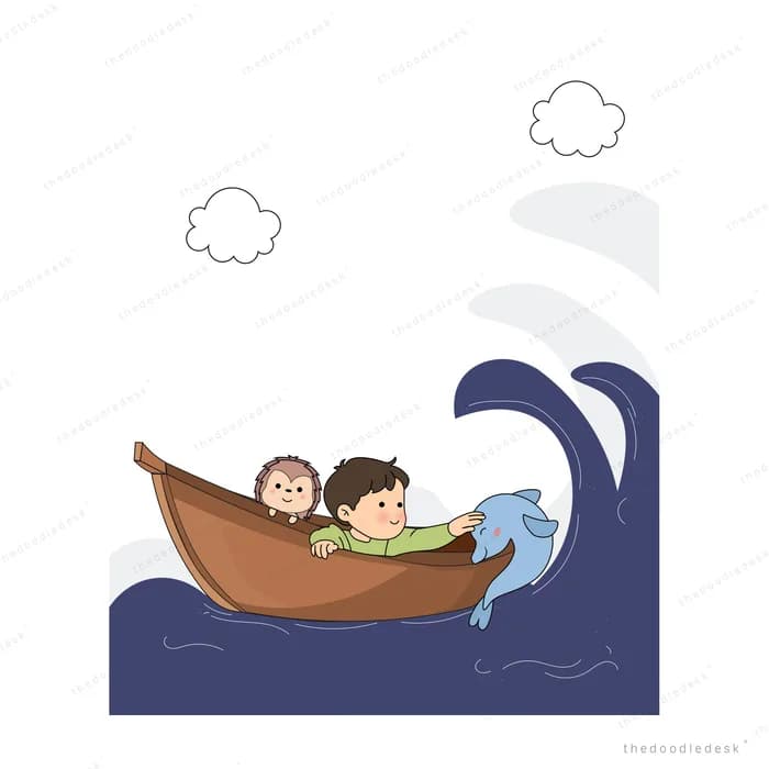 Boy lying back in the boat with his cat as a dolphin leaps from the wave