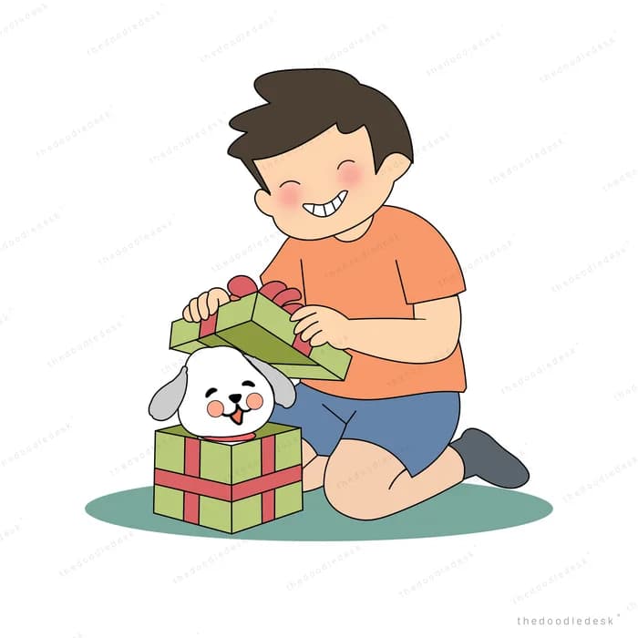 Man kneeling to give a wrapped gift box to a small white dog