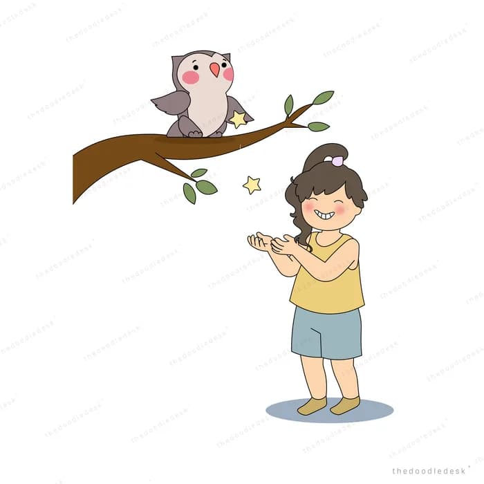 Boy looking up at an owl perched on a bare branch