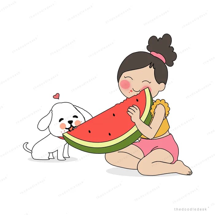 Girl sharing a slice of watermelon with a white dog