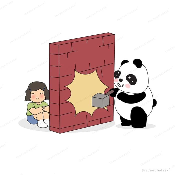 Girl smashing through a red brick wall while a panda watches