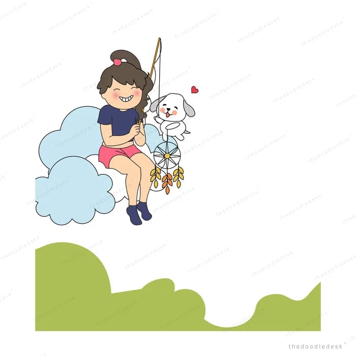 Girl fishing from a cloud with dogs above rolling green hills