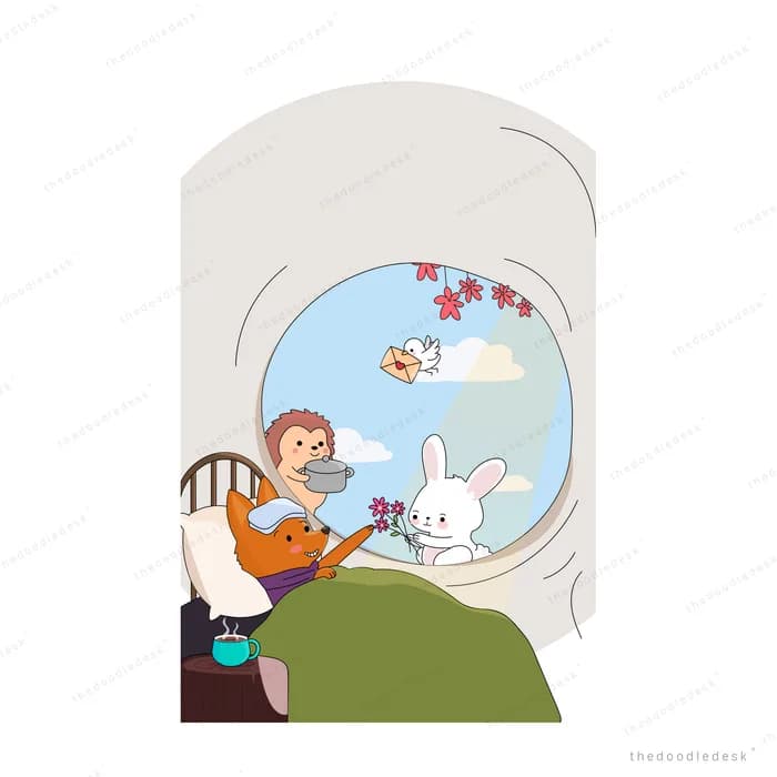 Girl in bed reaching to birds flying in through a round window with a cat