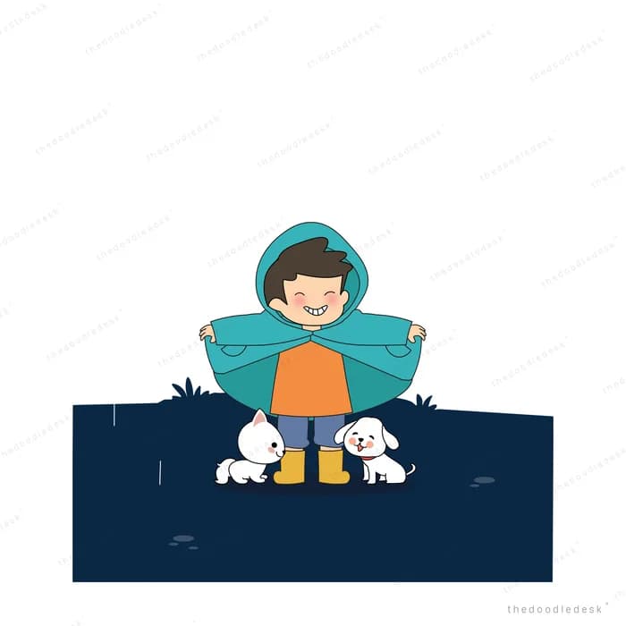 Boy crouching with arms out toward white rabbits on a dark ledge