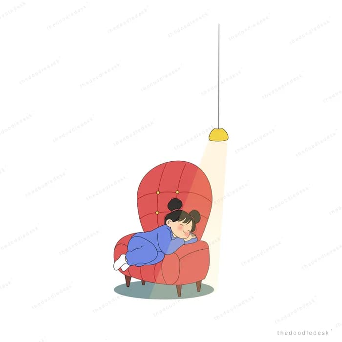 Girl huddled in a red shell chair with a rabbit under a hanging light