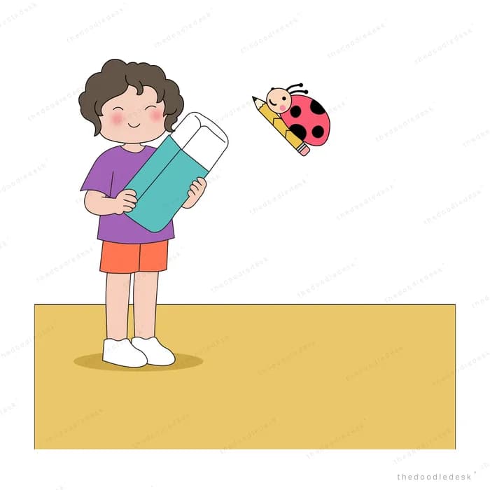 Boy holding a giant teal pencil while standing on a yellow banner with a ladybug beside him