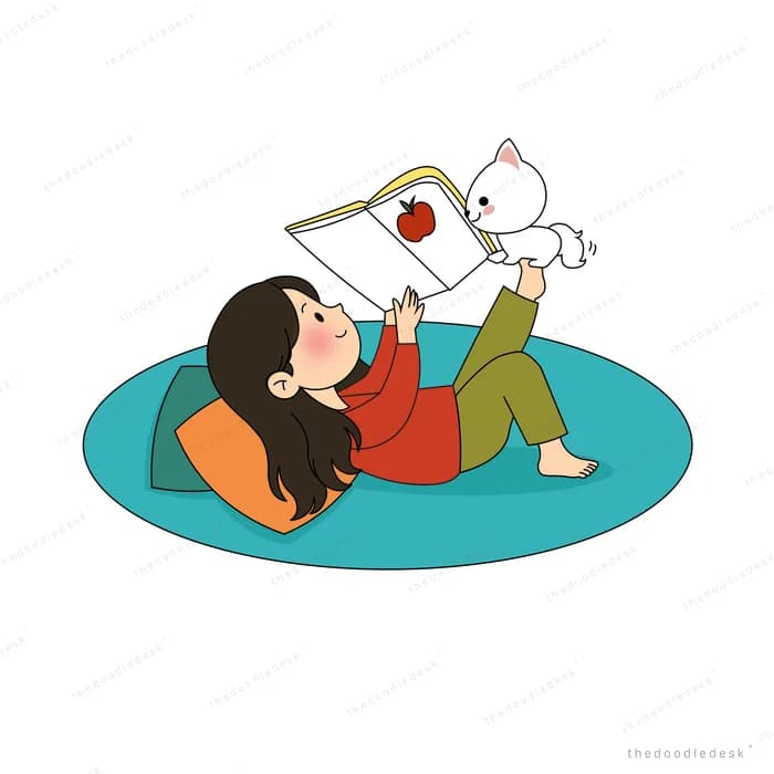 Woman reading an open book above her head as a white puppy jumps over it