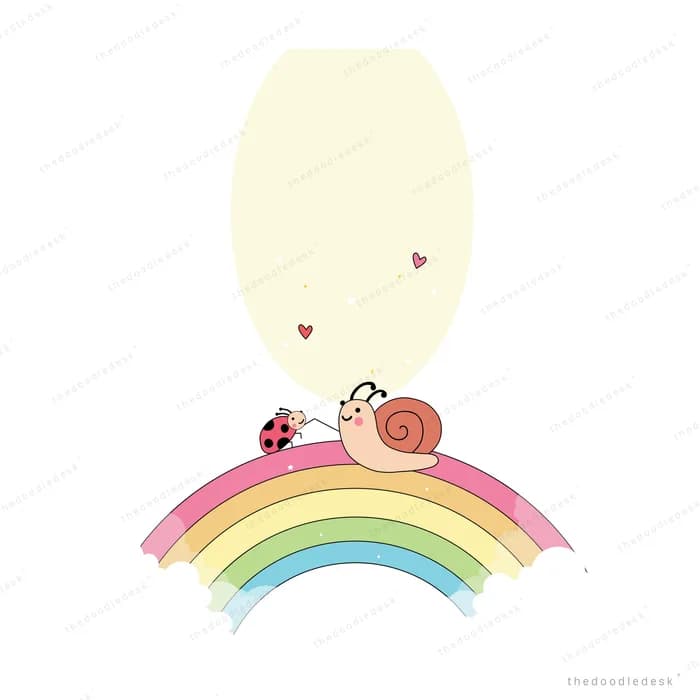 Baby lying on top of a pastel rainbow beside a ladybug under a beam of light