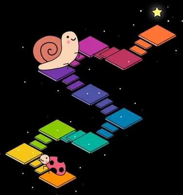 Snail climbing a rainbow staircase toward a star