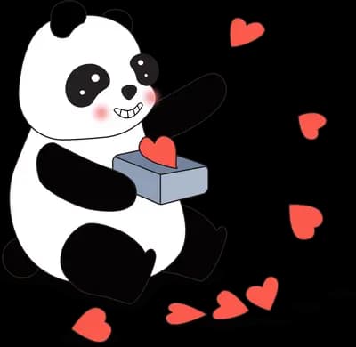 Panda sitting with a wrapped gift and floating hearts