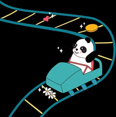 Panda riding a roller coaster car along a winding track