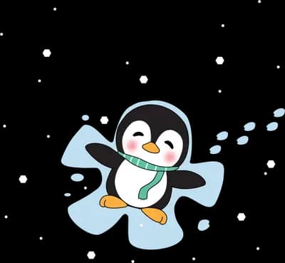 Penguin in a scarf making a snow angel