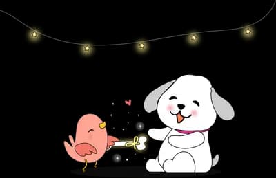 Dog greeting a small bird with sparkles around